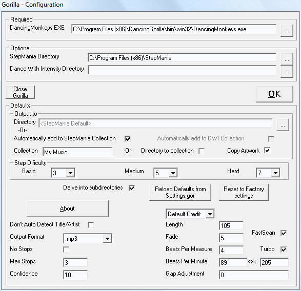Dancing Gorilla Configuration Screenshot